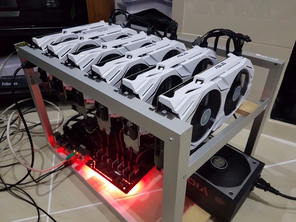 A mining rig consisting of six graphics cards